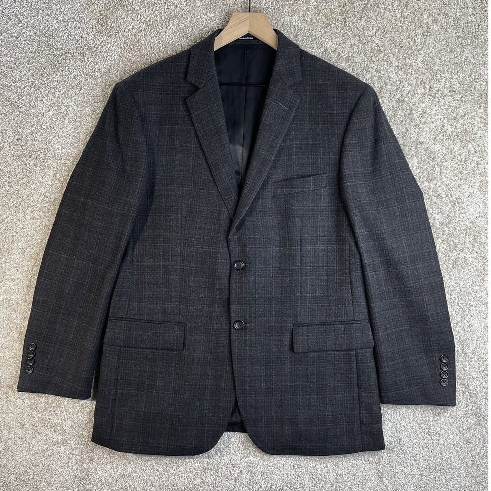 Pronto Uomo Platinum Blazer Mens 42R Charcoal Grey Plaid 100% Wool Suit Jacket